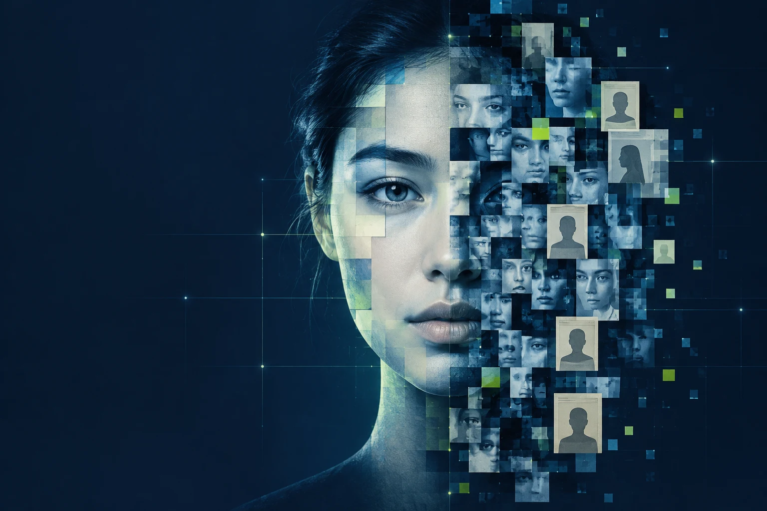 由许多匿名面孔拼成的 AI 合成人脸，后半部碎裂为档案卡片与像素